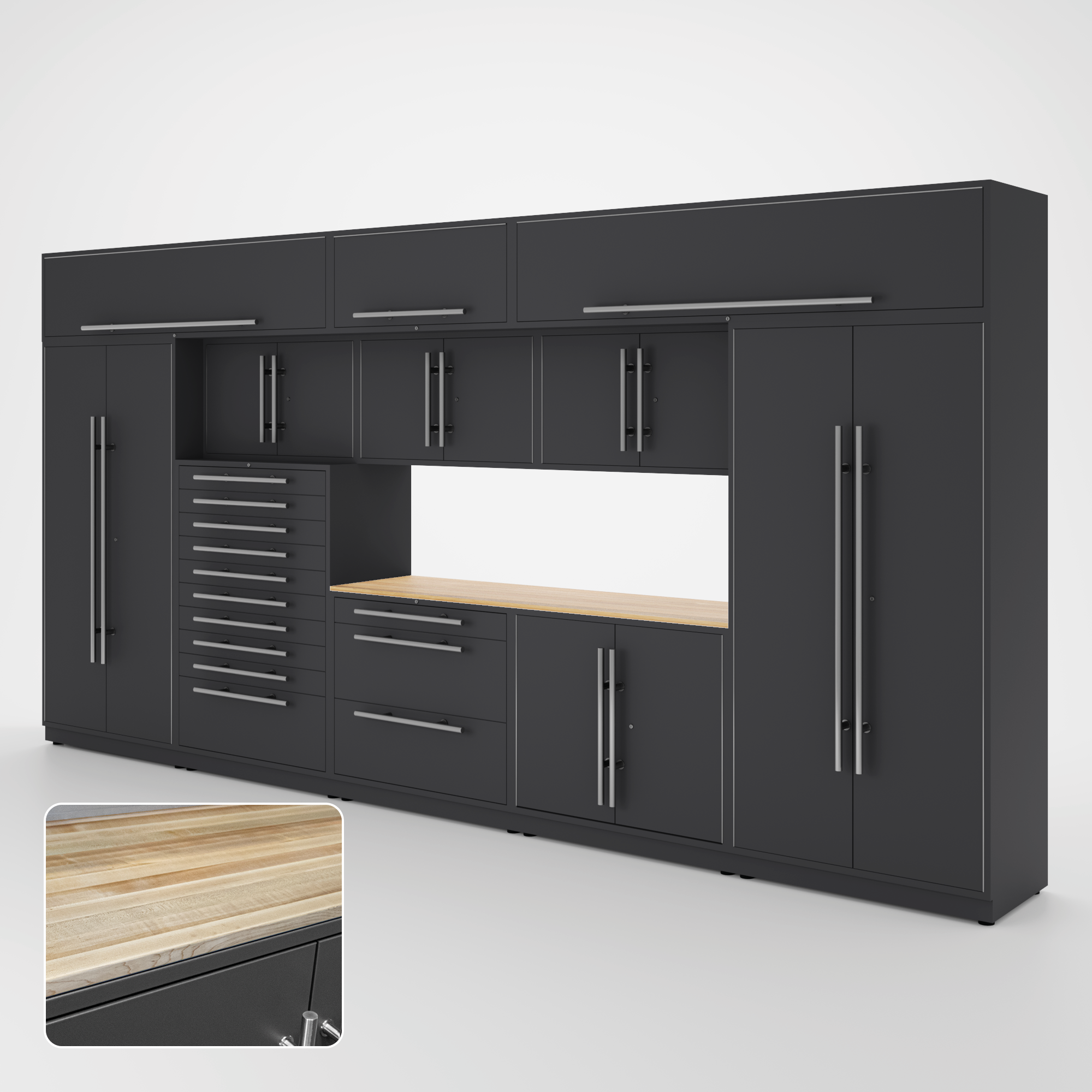 Armoires LUX – Ensemble de 16 pieds – Coffres à outils + Armoires supérieures