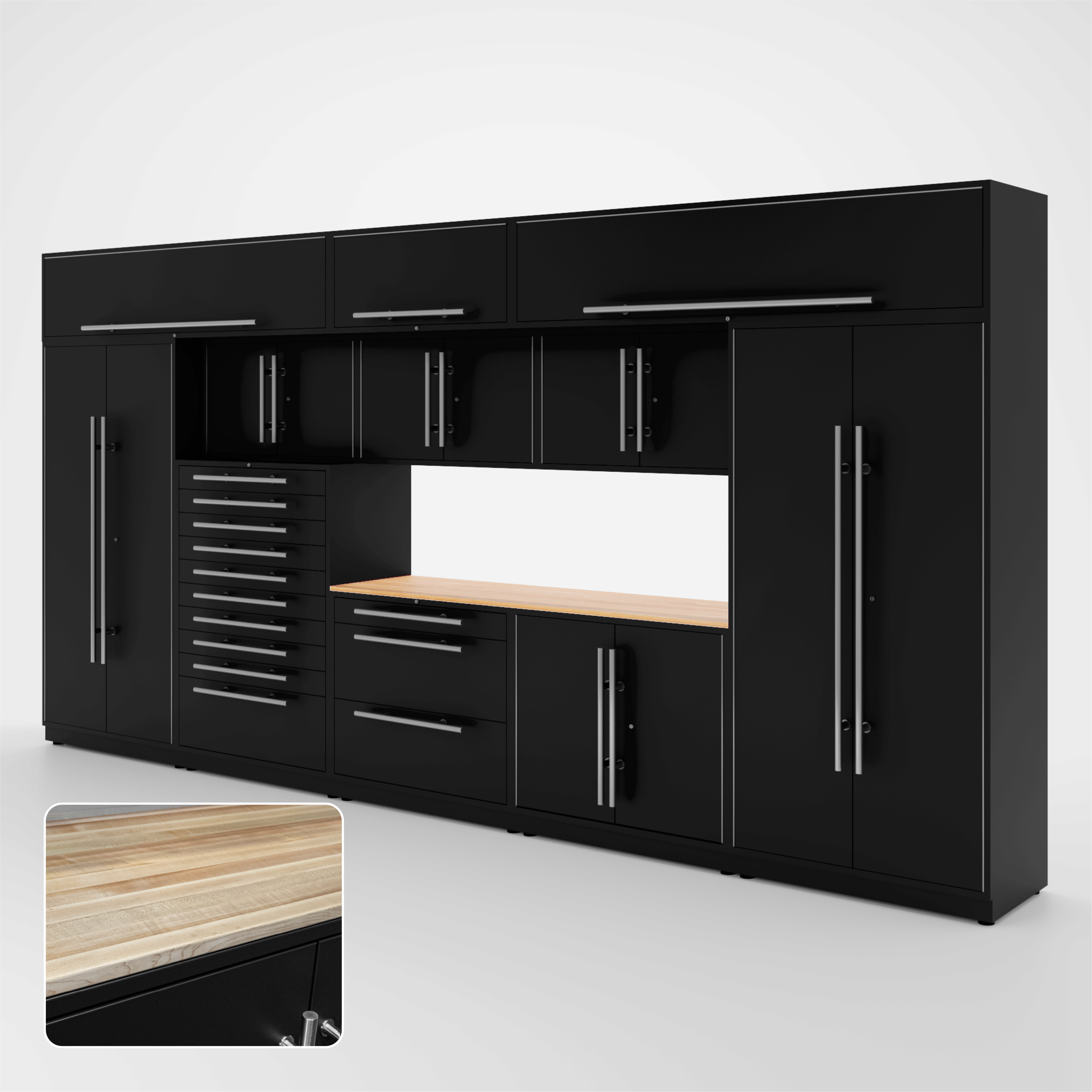 Armoires LUX – Ensemble de 16 pieds – Coffres à outils + Armoires supérieures