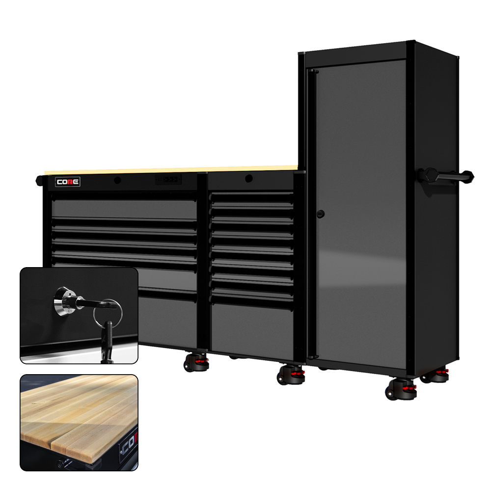 88 Series - 13 Drawers with Tall Locker - Black Handles - Foot Casters