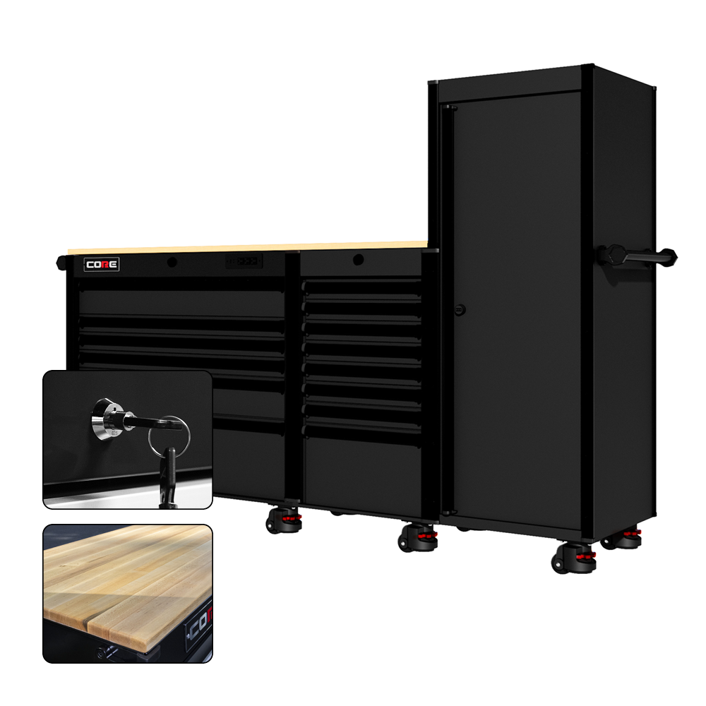 88 Series - 13 Drawers with Tall Locker - Black Handles - Foot Casters