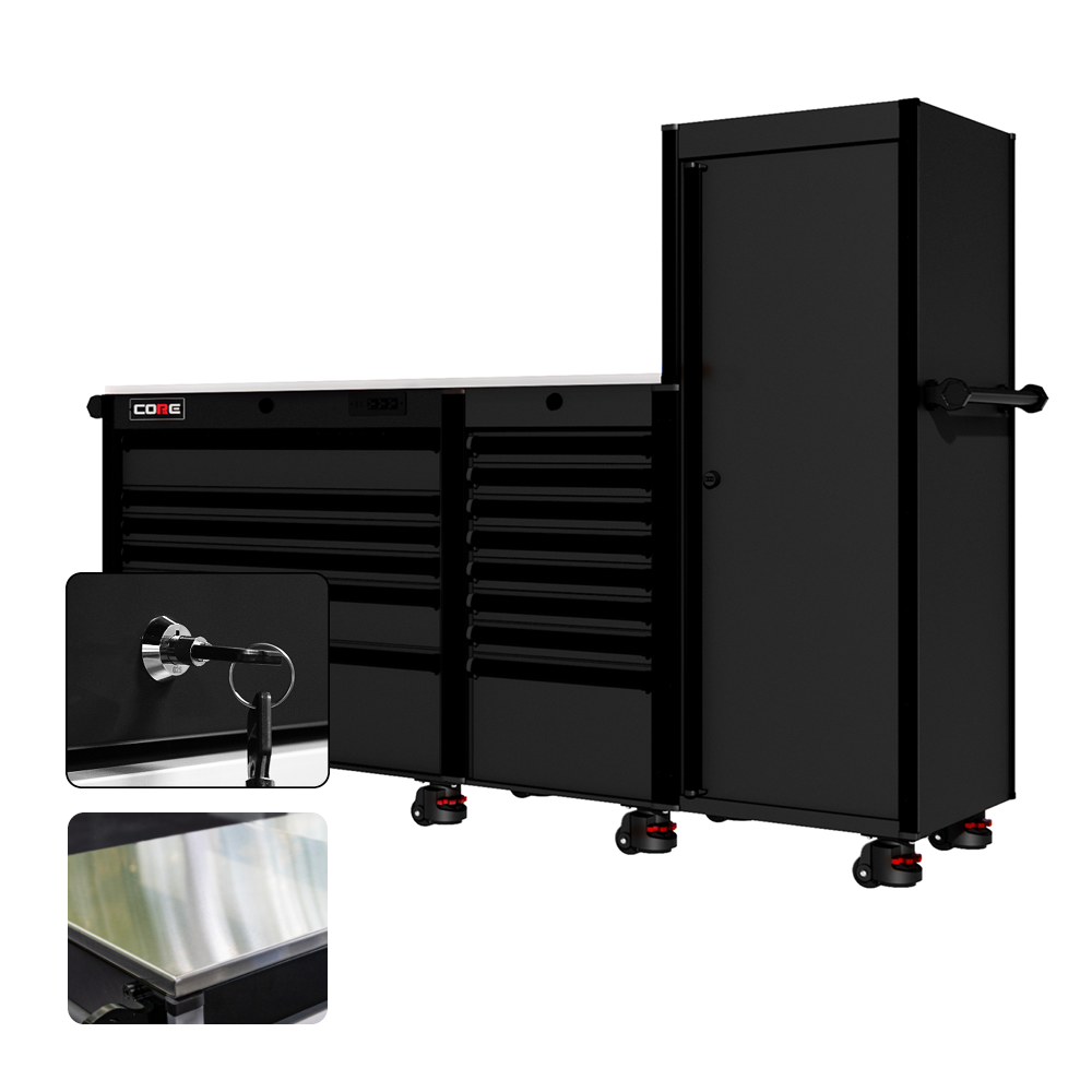 88 Series - 13 Drawers with Tall Locker - Black Handles - Foot Casters