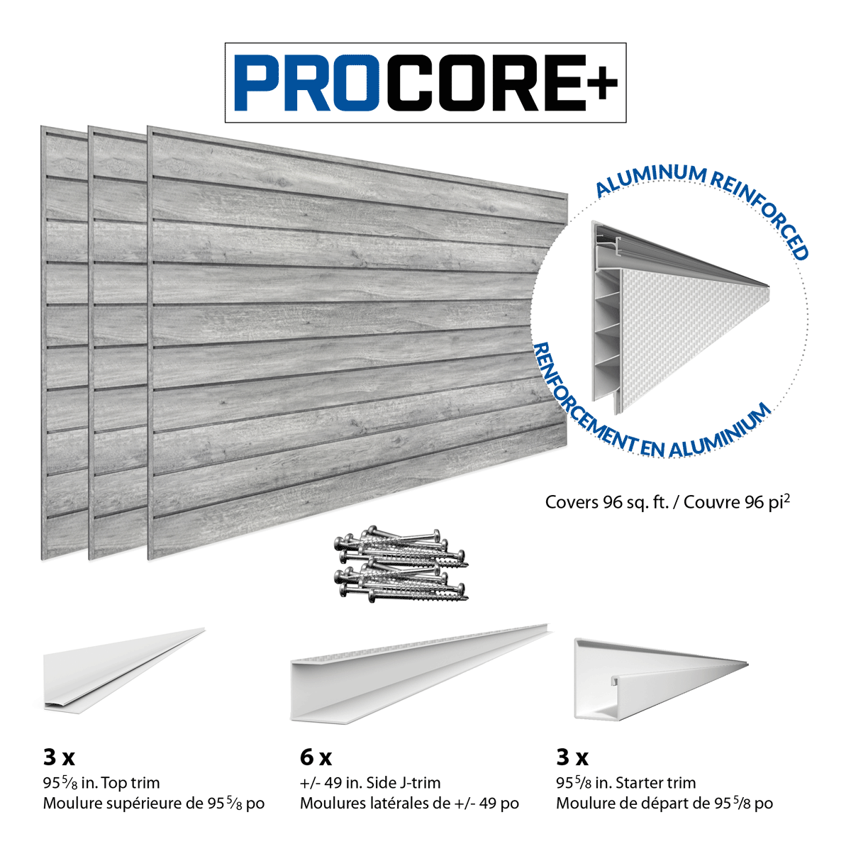 4 x 8 ft. PROCORE+ Gray Wood PVC Slatwall – 3 Pack 96 sq ft