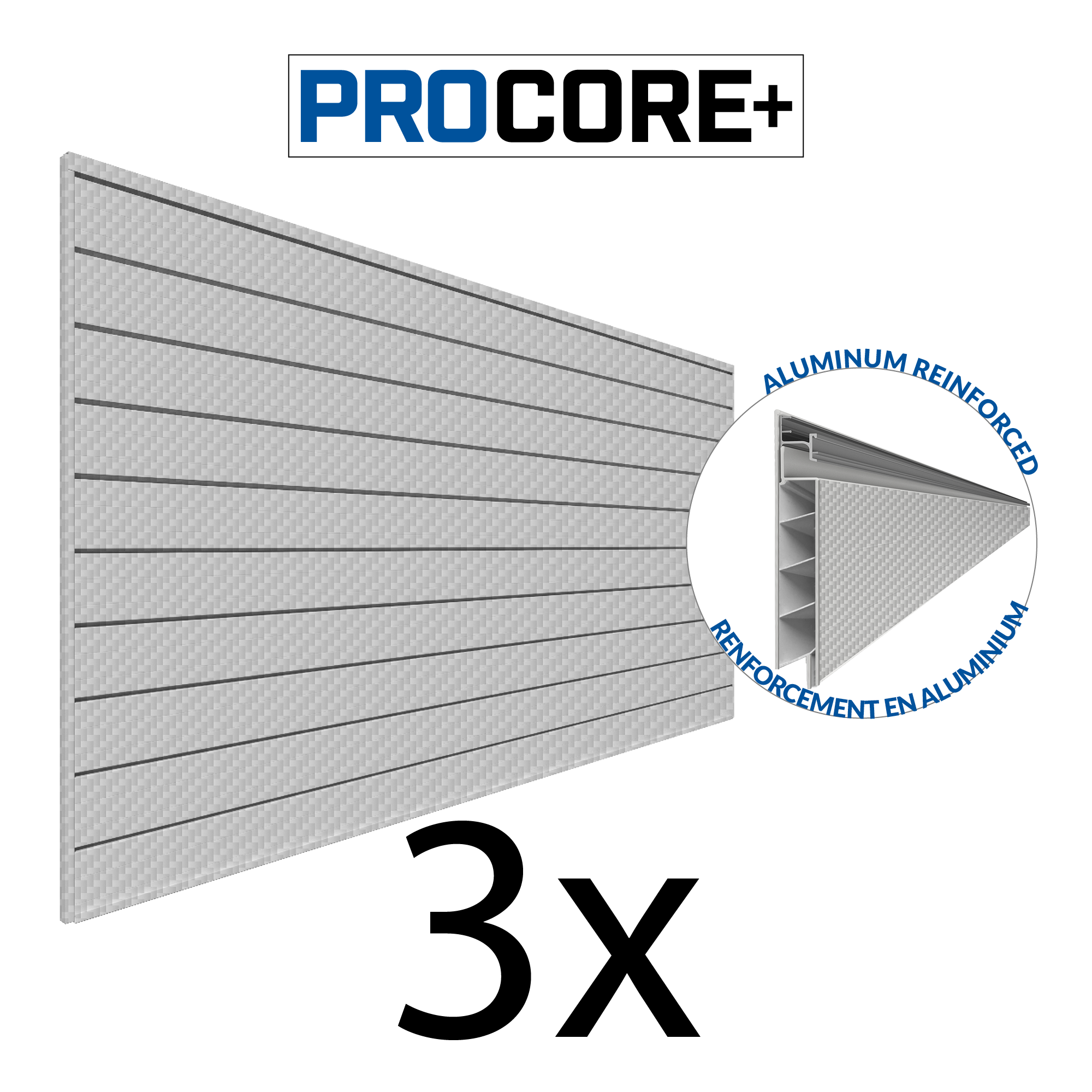 PROCORE+ Panneaux en PVC fibre de carbone grise argentée de 4 pi x 8 pi – Ensemble de 3 – 96 pieds carrés